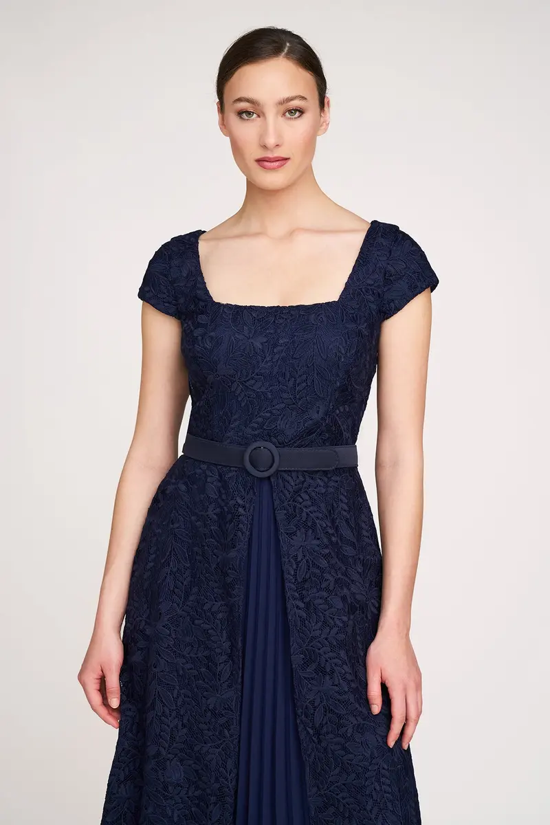 Navy Rose Bouquet Lace A-Line Evening Gown with Pleated Chiffon Skirt