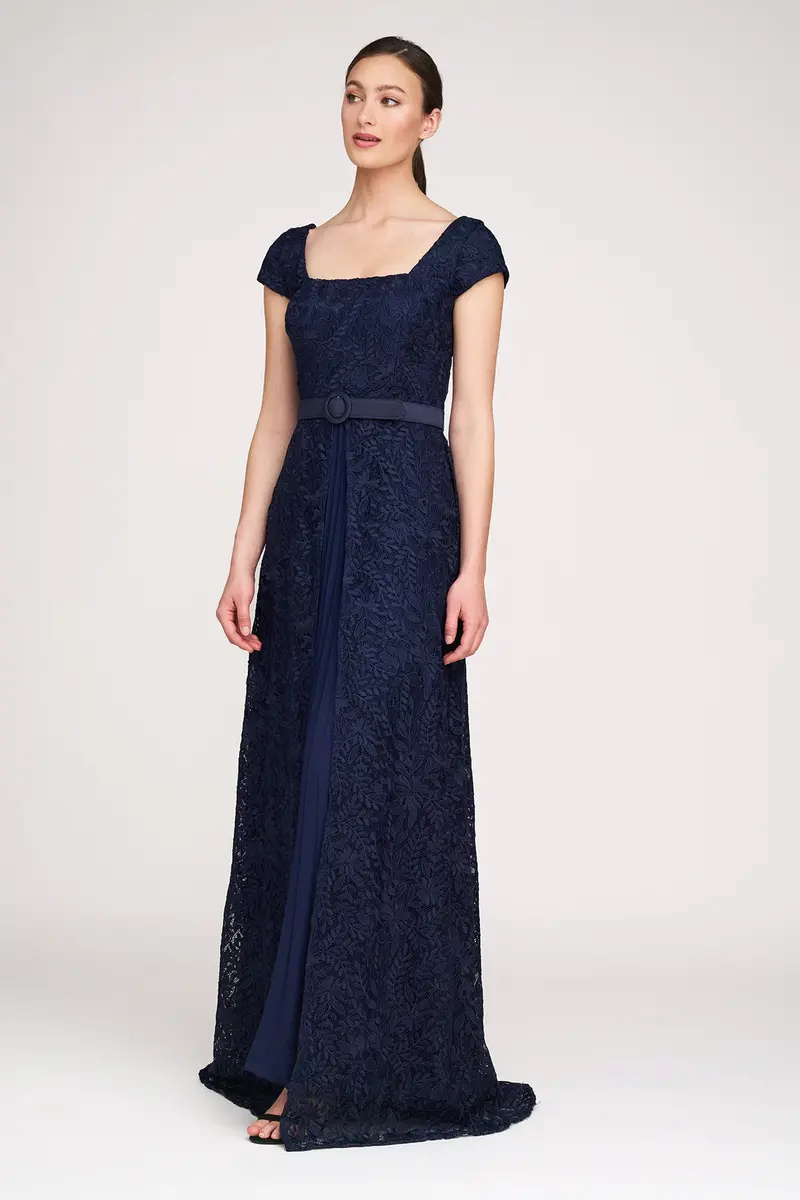 Navy Rose Bouquet Lace A-Line Evening Gown with Pleated Chiffon Skirt