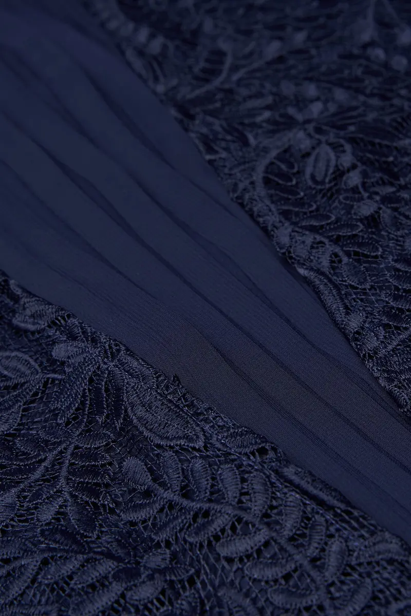 Navy Rose Bouquet Lace A-Line Evening Gown with Pleated Chiffon Skirt