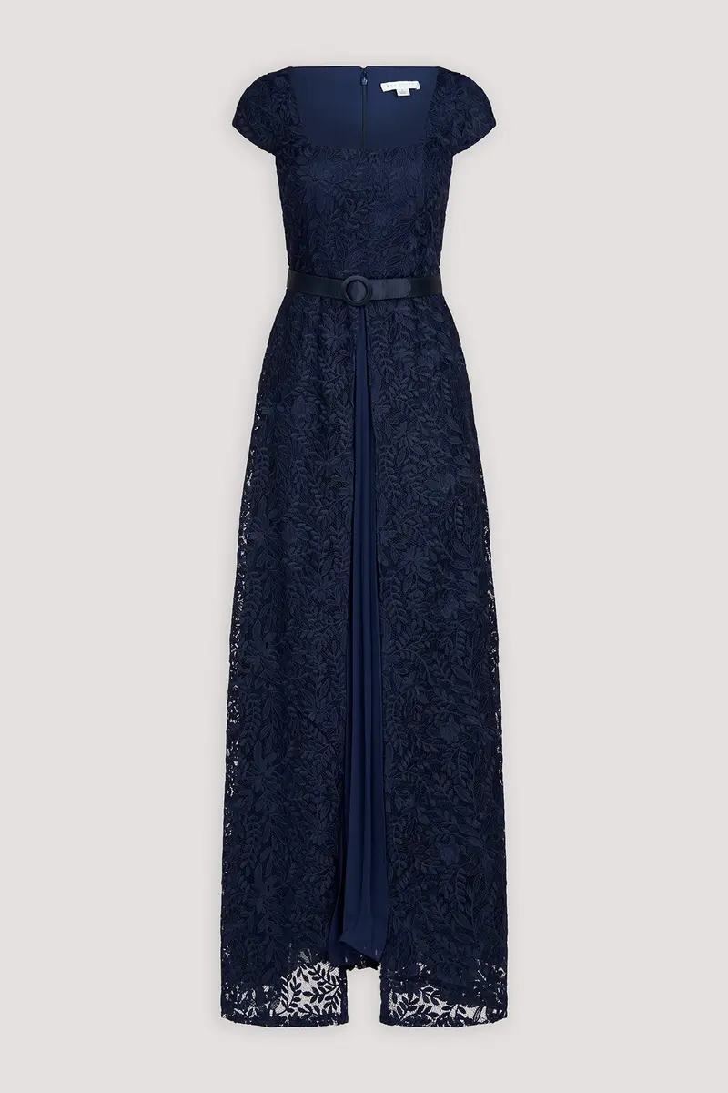 Navy Rose Bouquet Lace A-Line Evening Gown with Pleated Chiffon Skirt