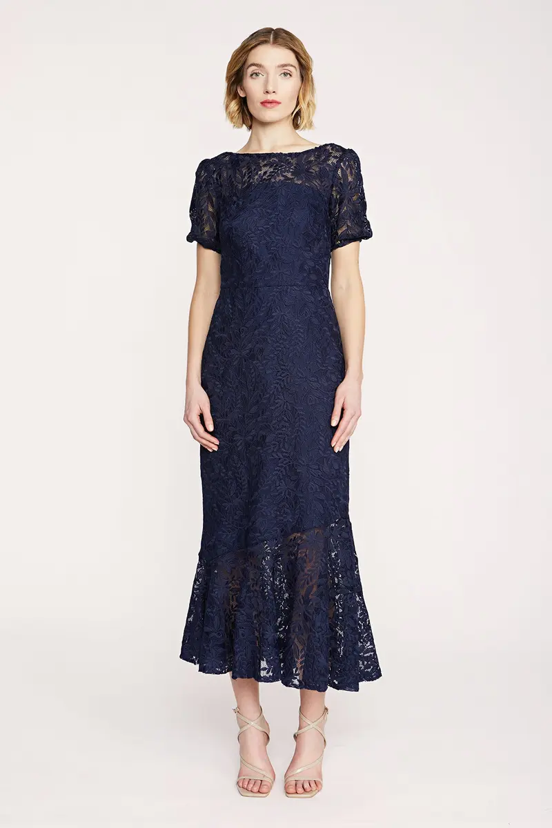 Navy Rose Bouquet Lace Tea-Length Cocktail Dress with Statement Sleeves