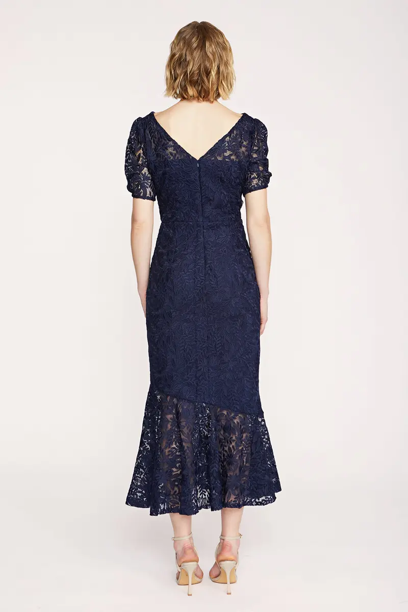 Navy Rose Bouquet Lace Tea-Length Cocktail Dress with Statement Sleeves