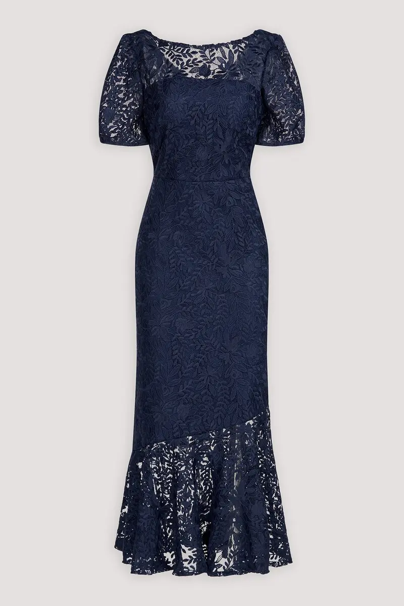 Navy Rose Bouquet Lace Tea-Length Cocktail Dress with Statement Sleeves