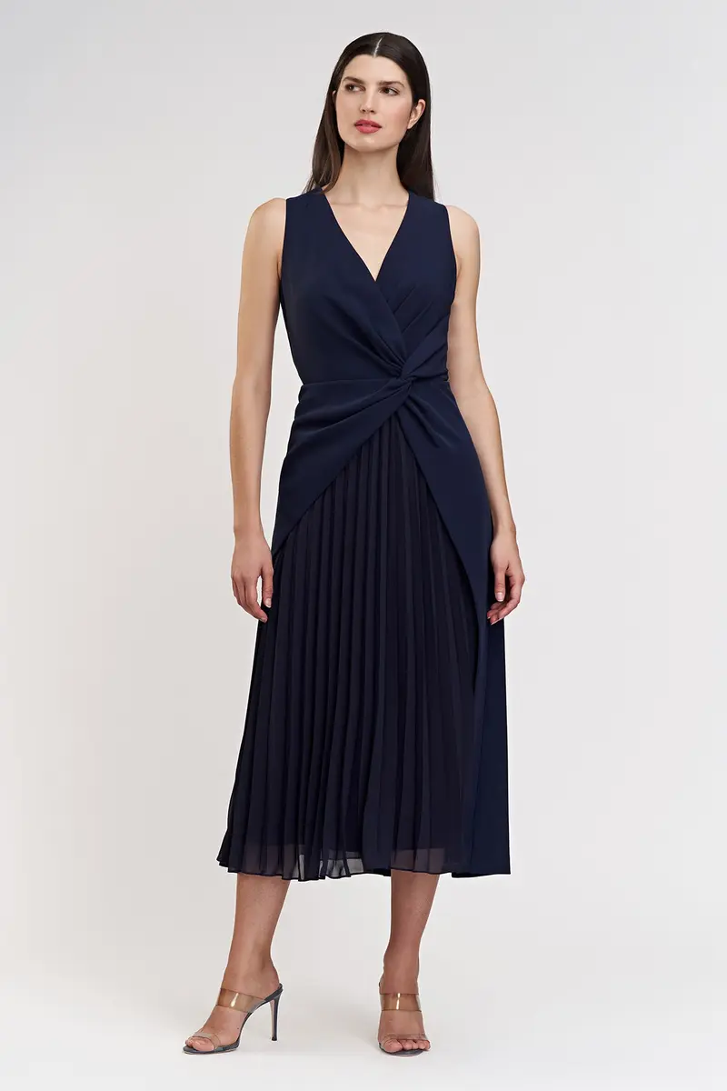 Navy Stretch Crepe Tea-Length Dress with Twisted Waist and Chiffon Underlay