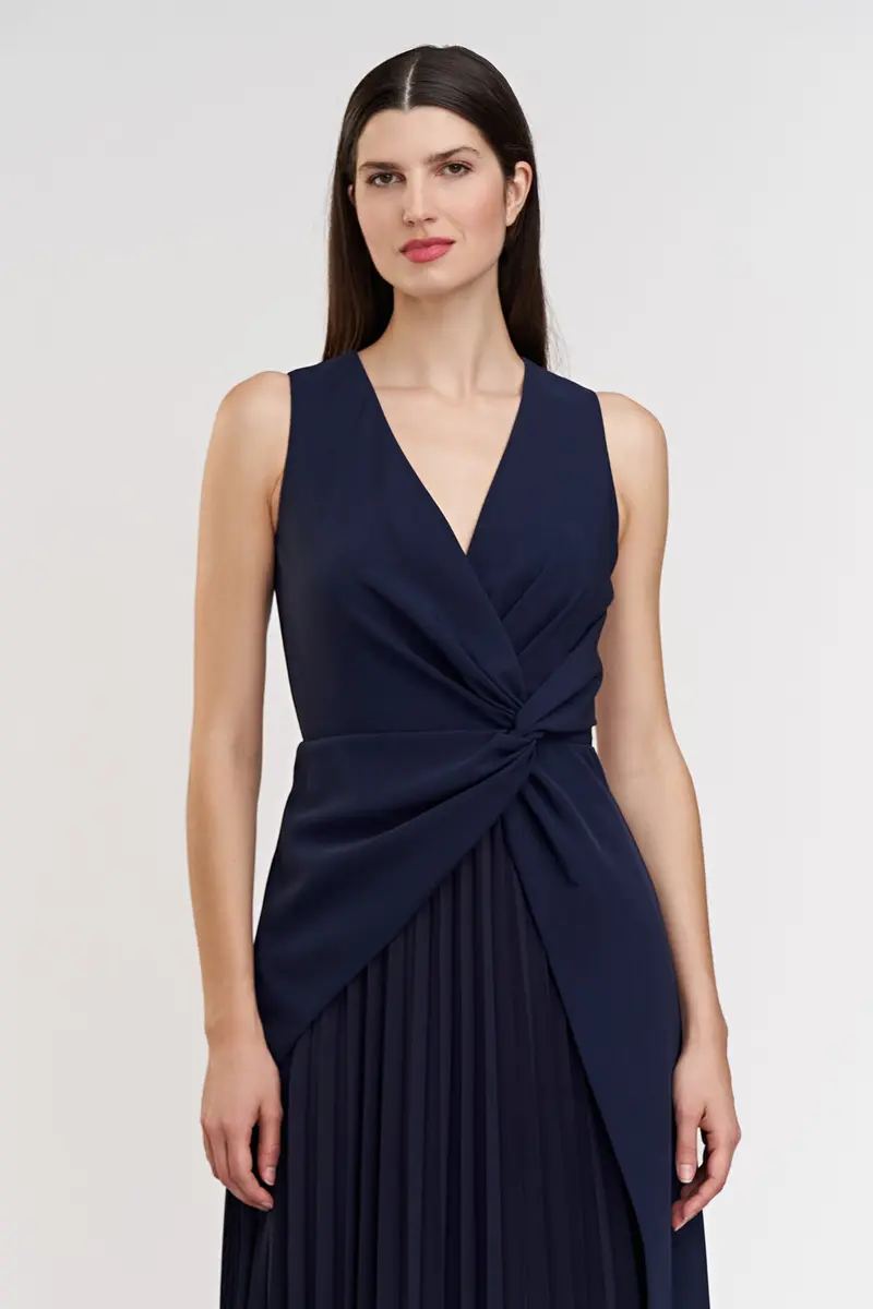 Navy Stretch Crepe Tea-Length Dress with Twisted Waist and Chiffon Underlay
