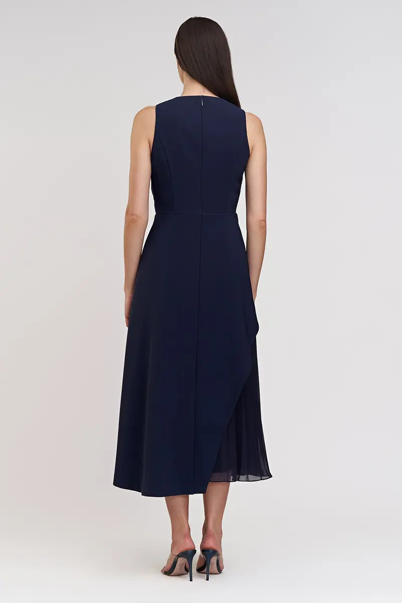 Navy Stretch Crepe Tea-Length Dress with Twisted Waist and Chiffon Underlay