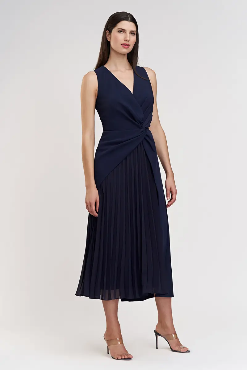 Navy Stretch Crepe Tea-Length Dress with Twisted Waist and Chiffon Underlay