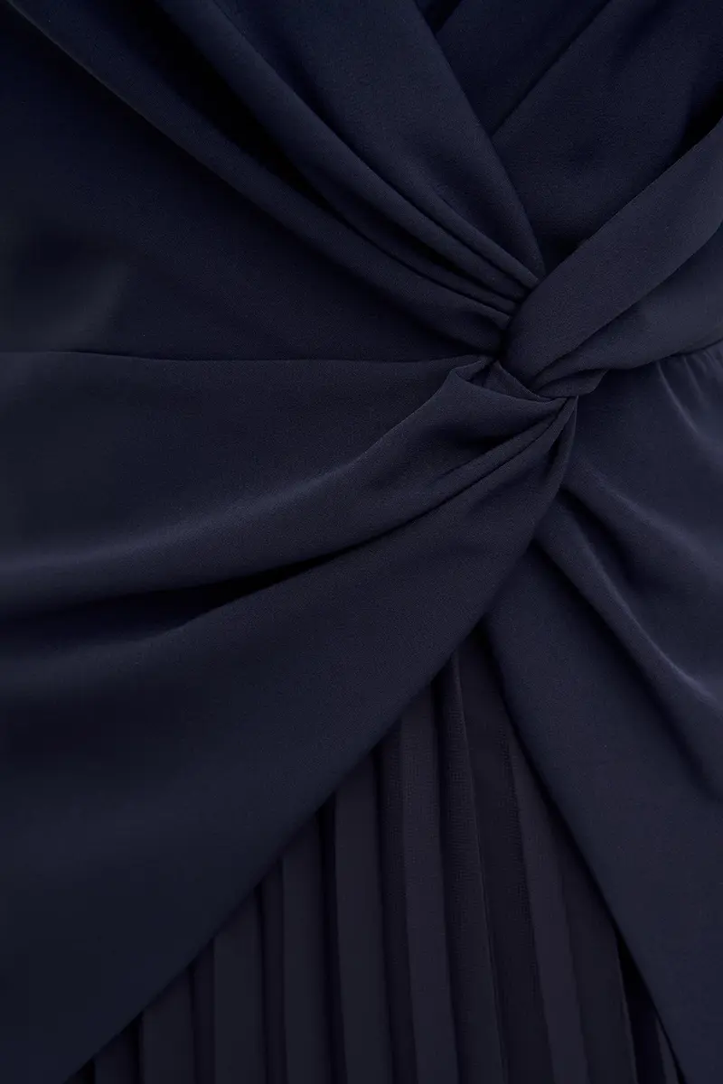 Navy Stretch Crepe Tea-Length Dress with Twisted Waist and Chiffon Underlay