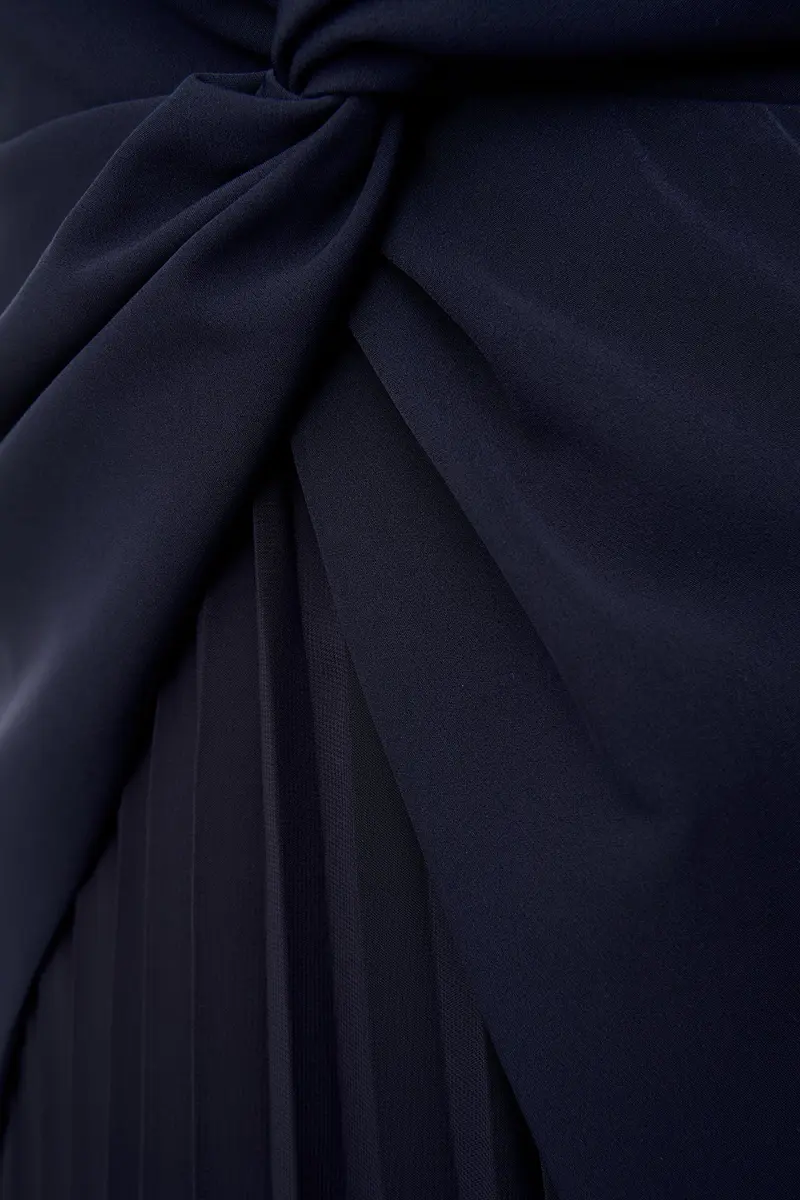 Navy Stretch Crepe Tea-Length Dress with Twisted Waist and Chiffon Underlay