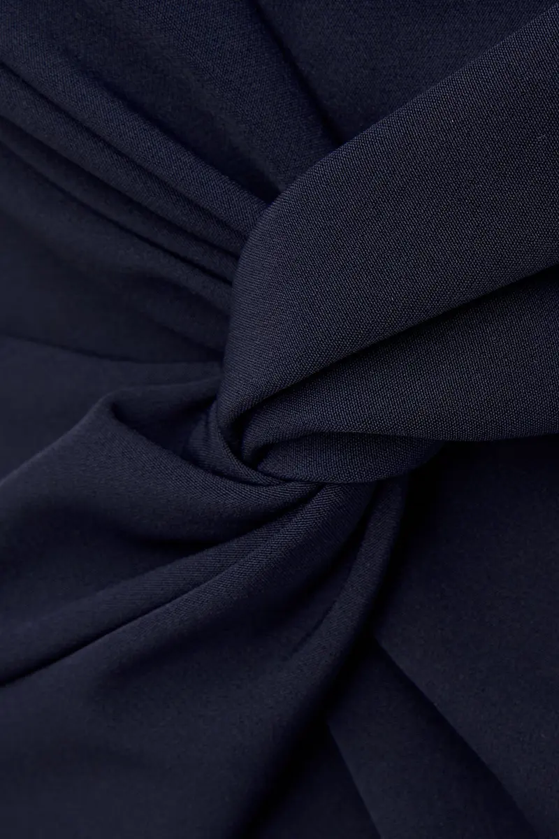 Navy Stretch Crepe Tea-Length Dress with Twisted Waist and Chiffon Underlay
