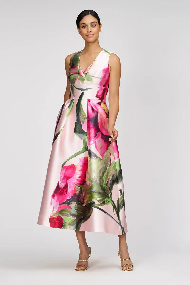 Regina Floral Tea-Length A-Line Dress with Overlap Pleat Neckline