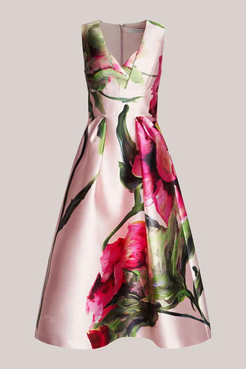 Regina Floral Tea-Length A-Line Dress with Overlap Pleat Neckline