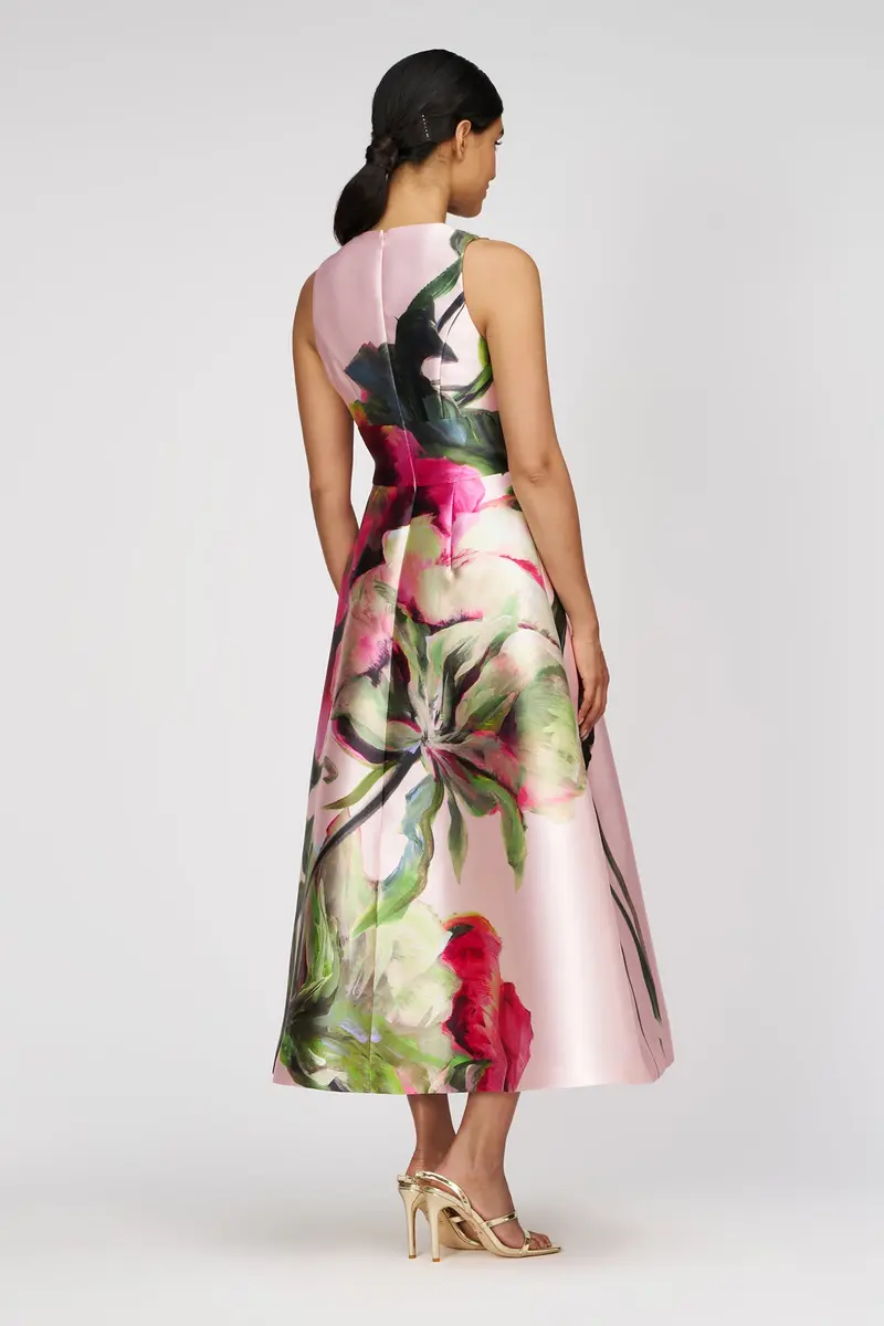 Regina Floral Tea-Length A-Line Dress with Overlap Pleat Neckline 2
