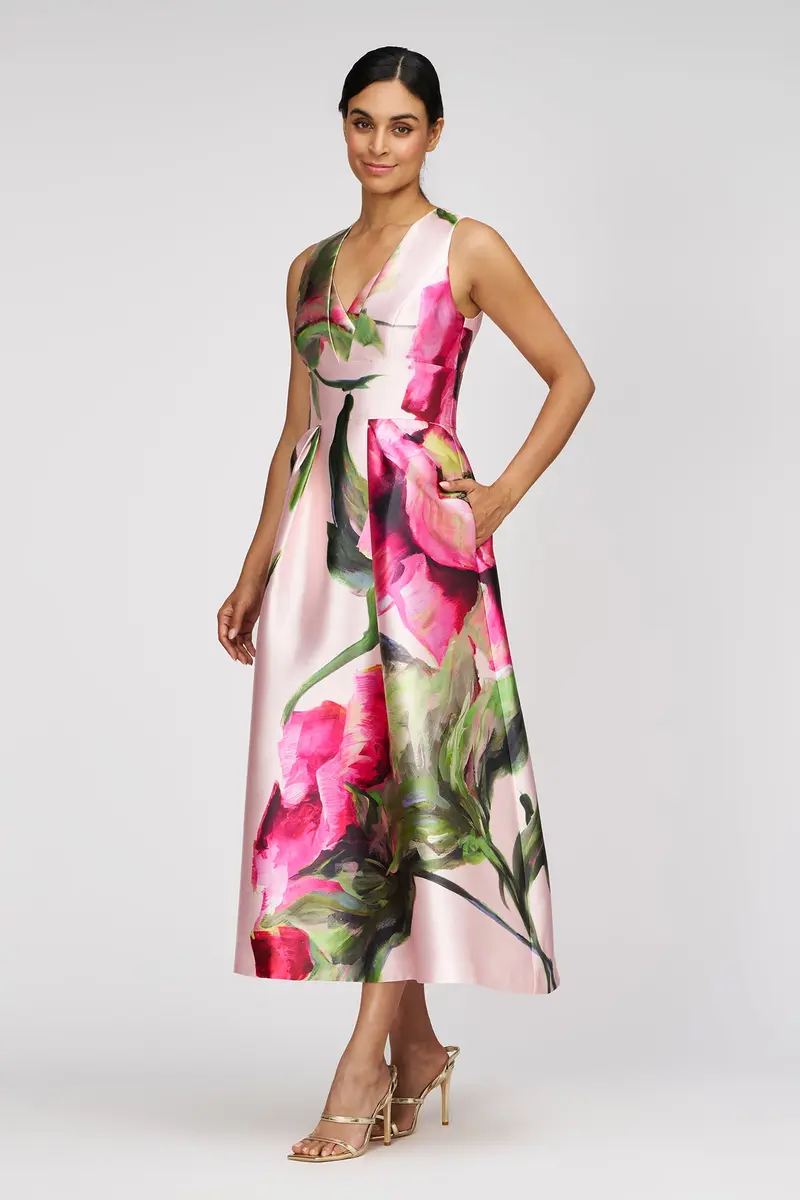 Regina Floral Tea-Length A-Line Dress with Overlap Pleat Neckline