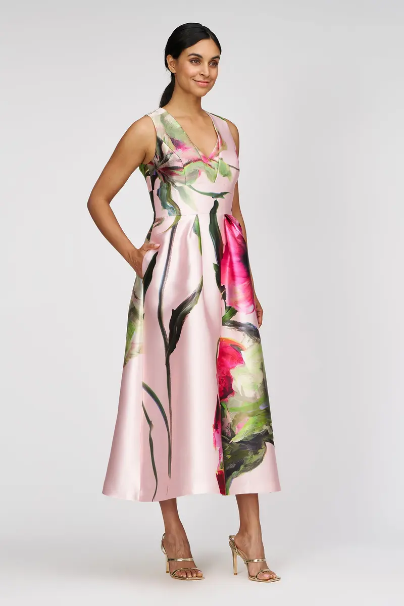 Regina Floral Tea-Length A-Line Dress with Overlap Pleat Neckline