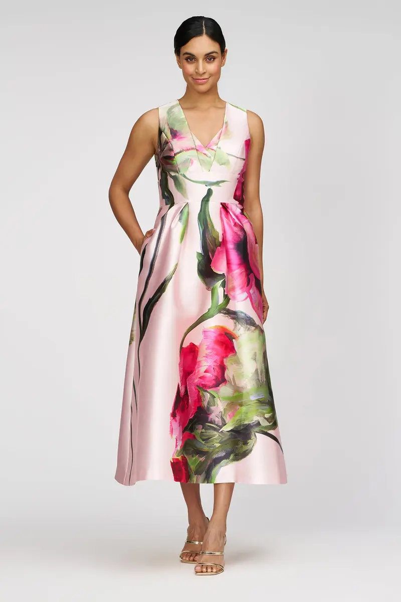 Regina Floral Tea-Length A-Line Dress with Overlap Pleat Neckline