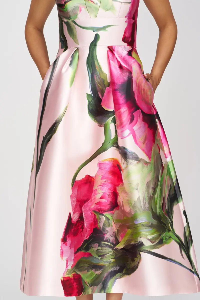 Regina Floral Tea-Length A-Line Dress with Overlap Pleat Neckline