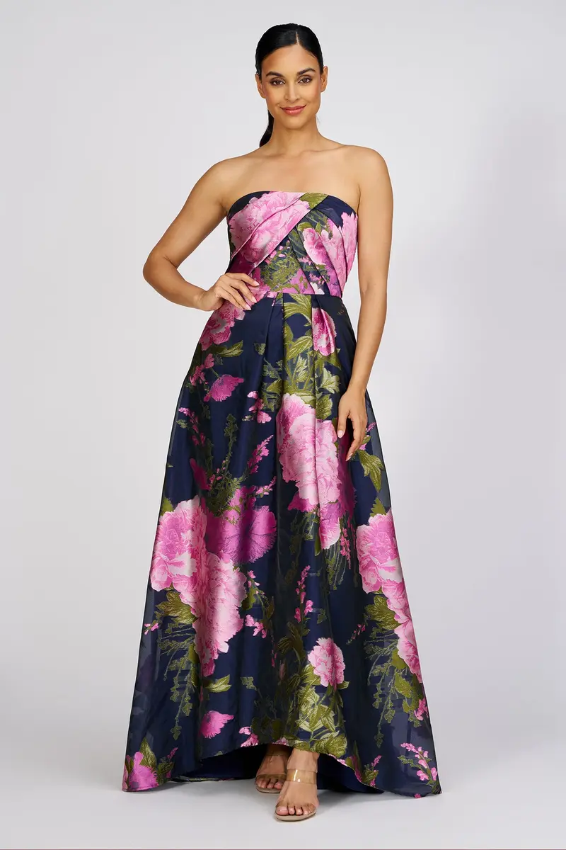 Romantic Holly Peony Print Gown with High-Low Skirt
