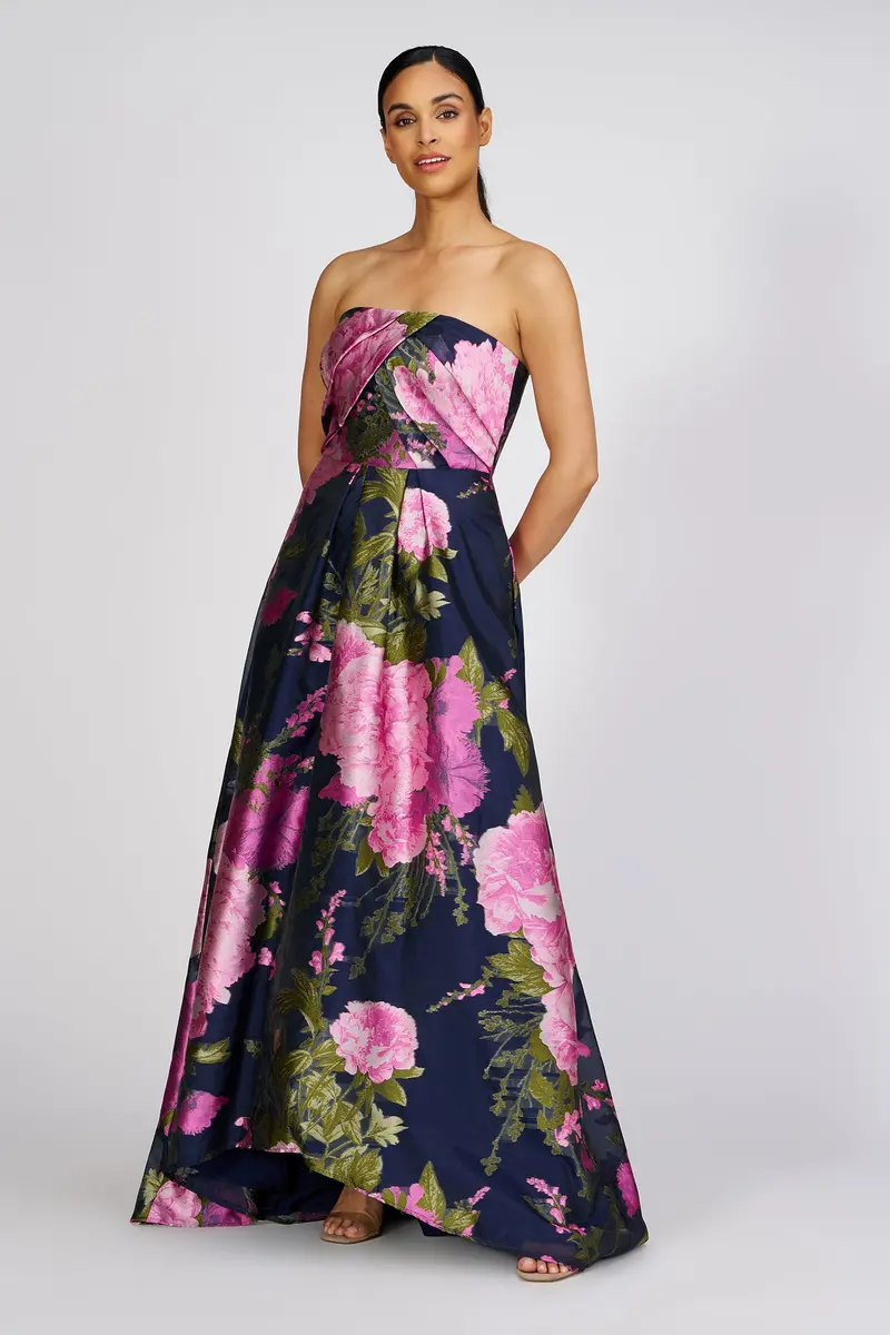 Romantic Holly Peony Print Gown with High-Low Skirt