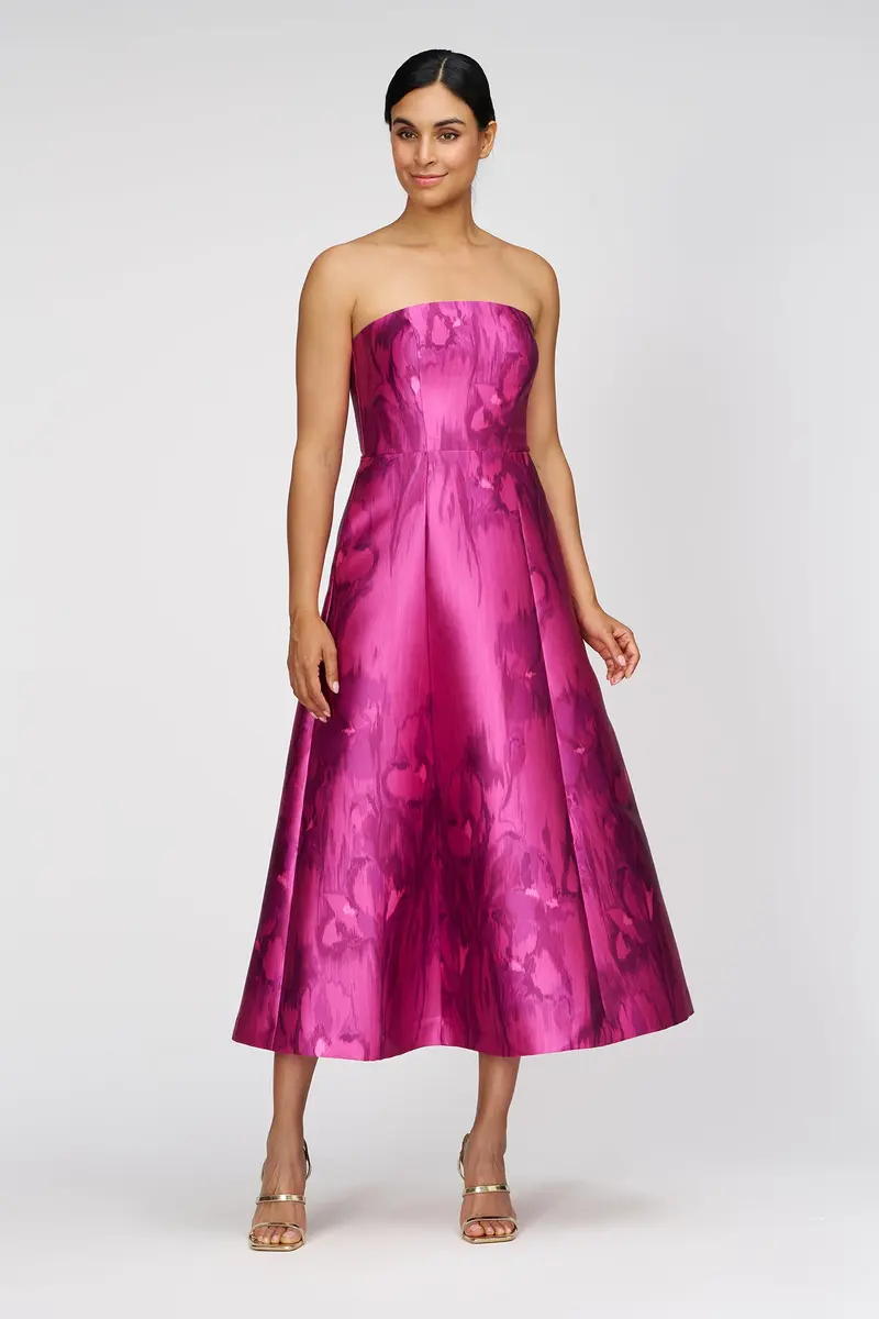 Romantic Iris-Print Strapless Tea-Length Dress in Mikado Fabric