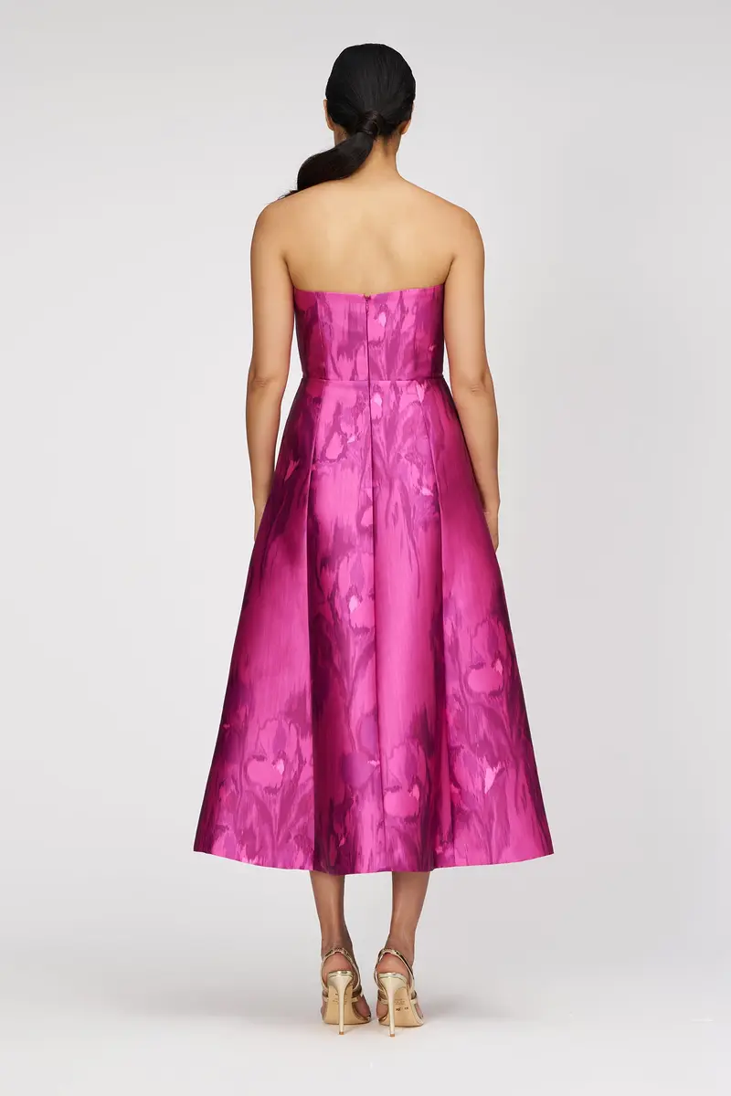 Romantic Iris-Print Strapless Tea-Length Dress in Mikado Fabric 2