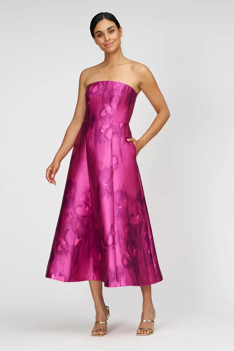 Romantic Iris-Print Strapless Tea-Length Dress in Mikado Fabric