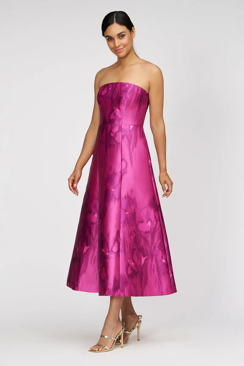 Romantic Iris-Print Strapless Tea-Length Dress in Mikado Fabric