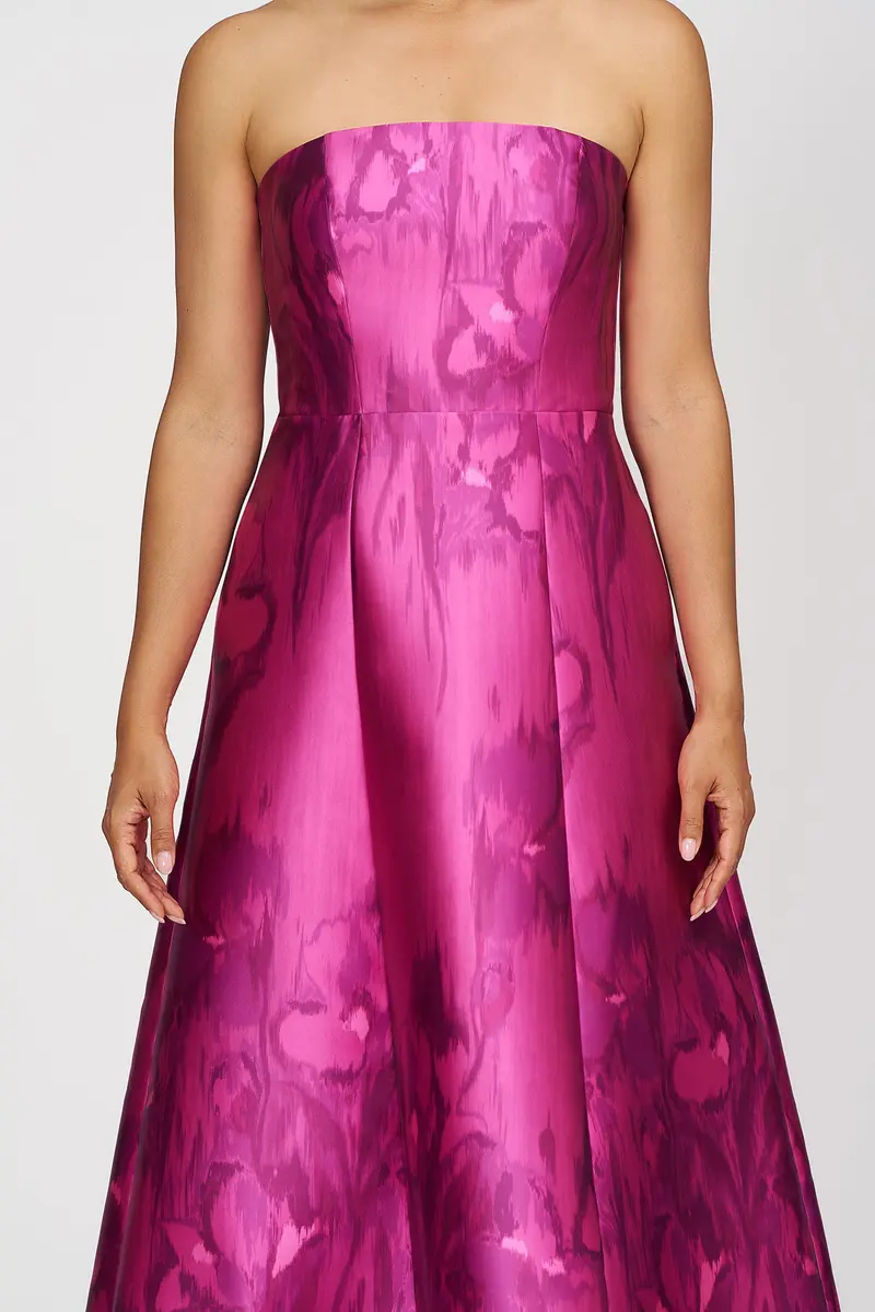 Romantic Iris-Print Strapless Tea-Length Dress in Mikado Fabric