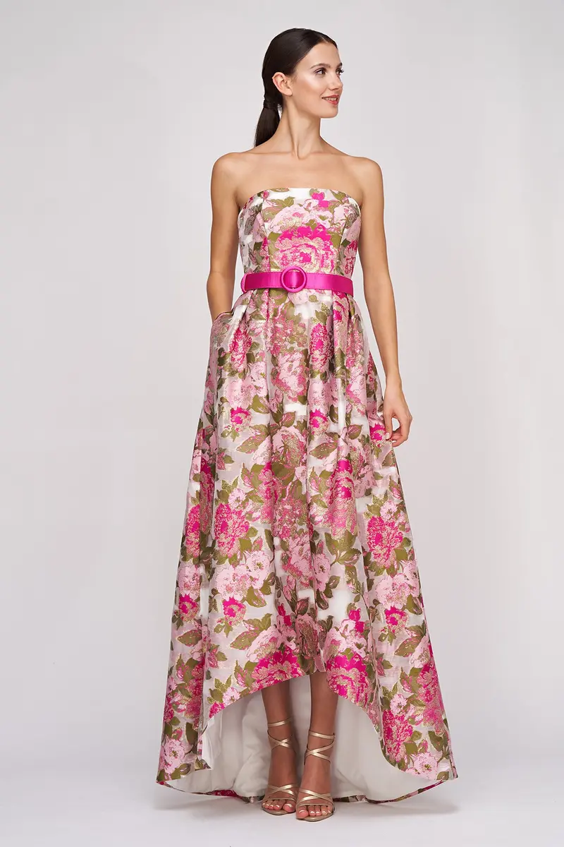 Rose-Embellished Metallic Organza High-Low Evening Gown