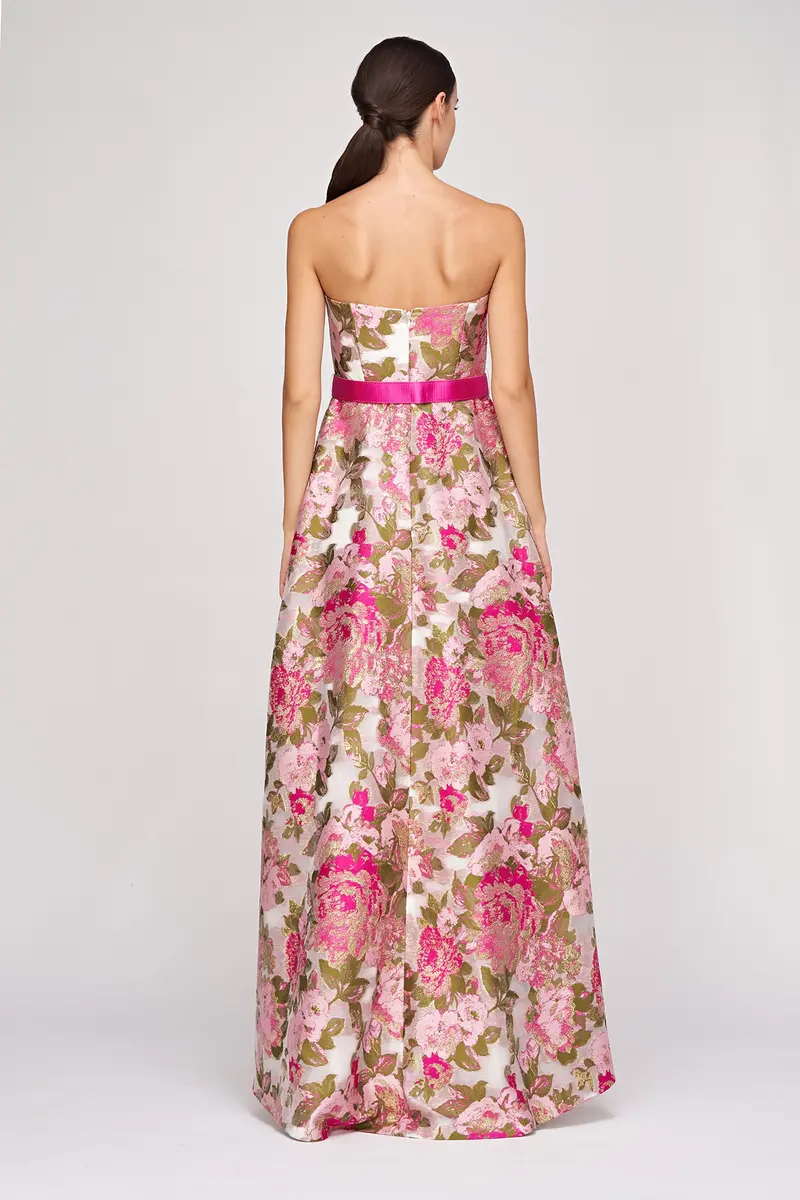 Rose-Embellished Metallic Organza High-Low Evening Gown