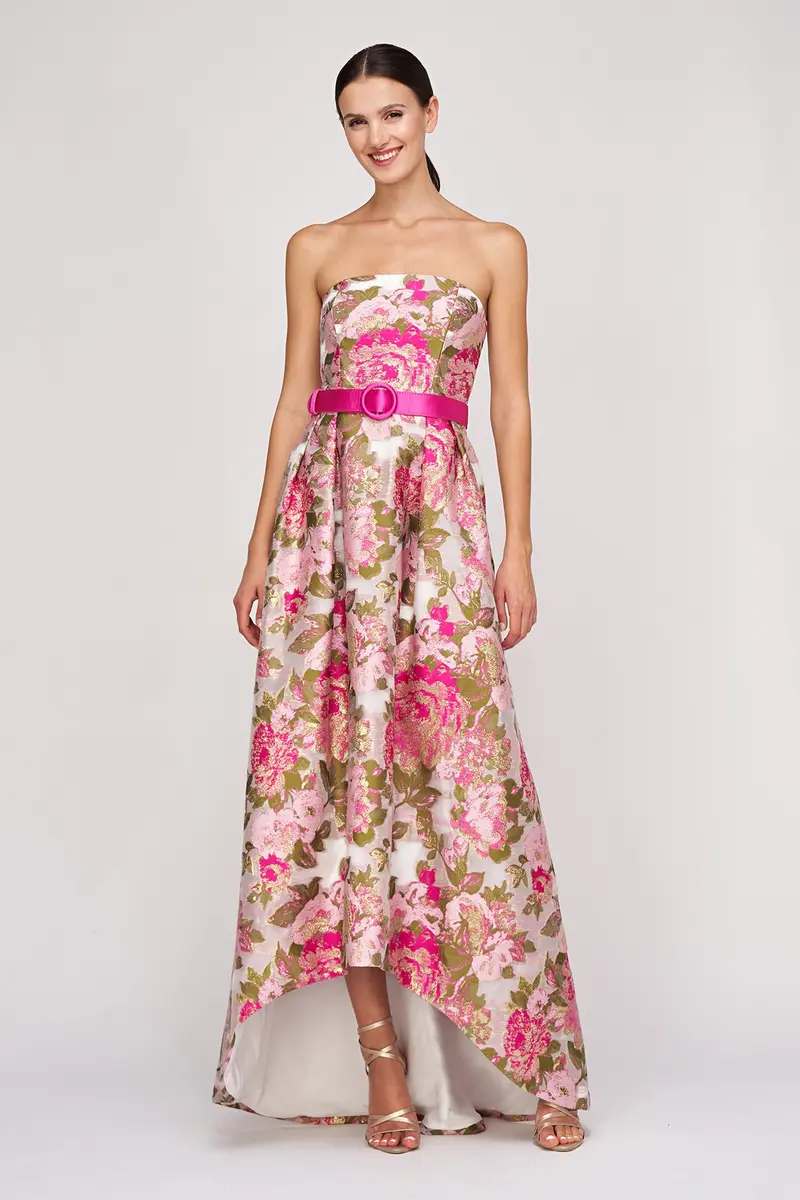 Rose-Embellished Metallic Organza High-Low Evening Gown
