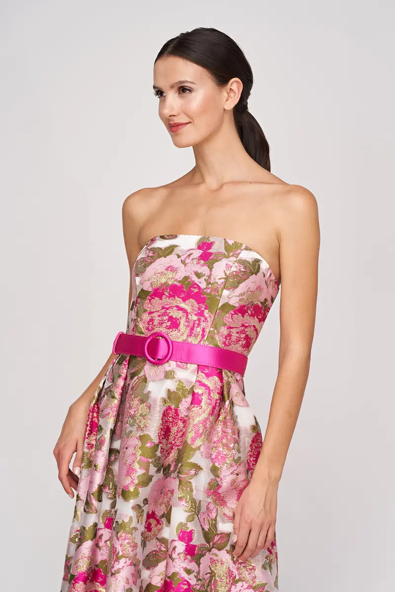Rose-Embellished Metallic Organza High-Low Evening Gown