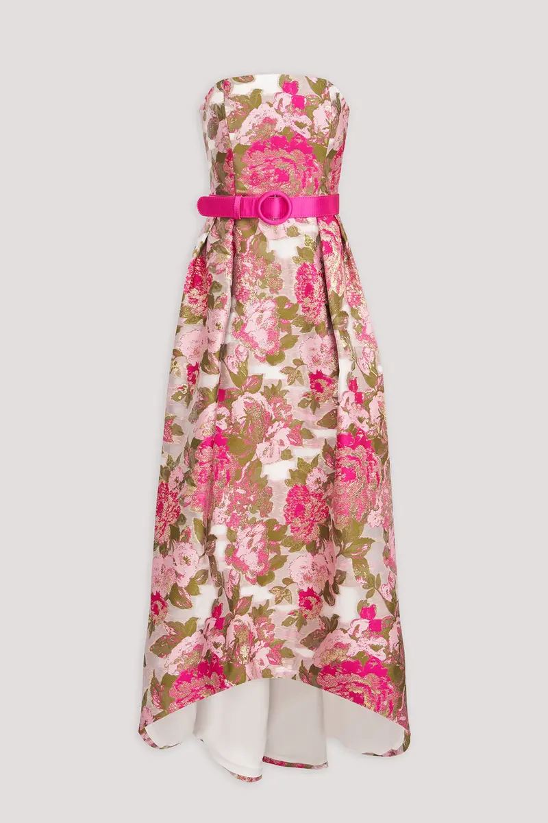 Rose-Embellished Metallic Organza High-Low Evening Gown