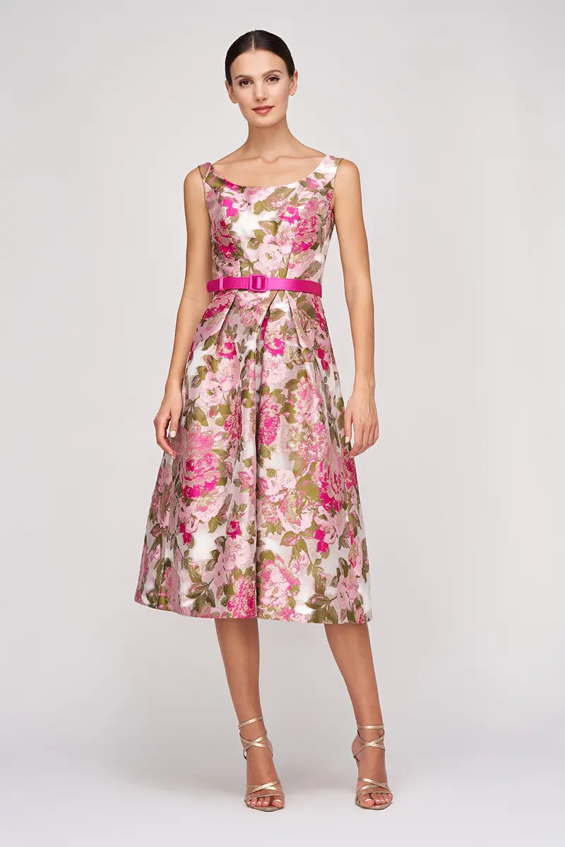Rose-Jacquard Metallic Organza Midi Dress with Pleated Skirt