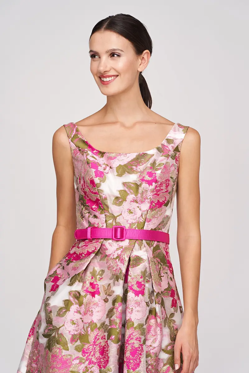 Rose-Jacquard Metallic Organza Midi Dress with Pleated Skirt