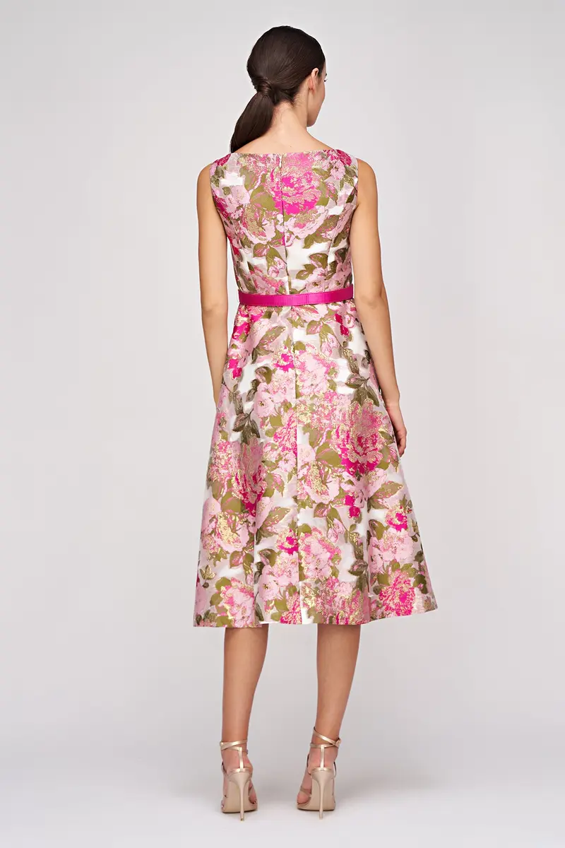 Rose-Jacquard Metallic Organza Midi Dress with Pleated Skirt