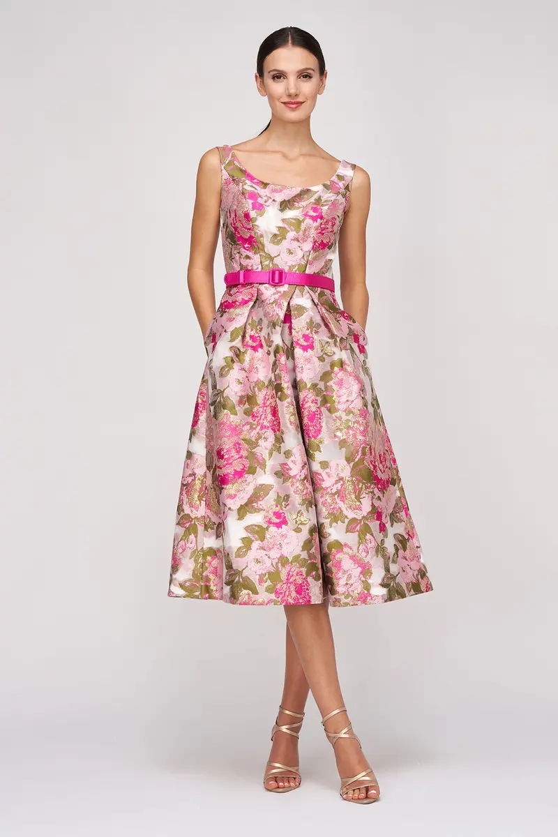Rose-Jacquard Metallic Organza Midi Dress with Pleated Skirt