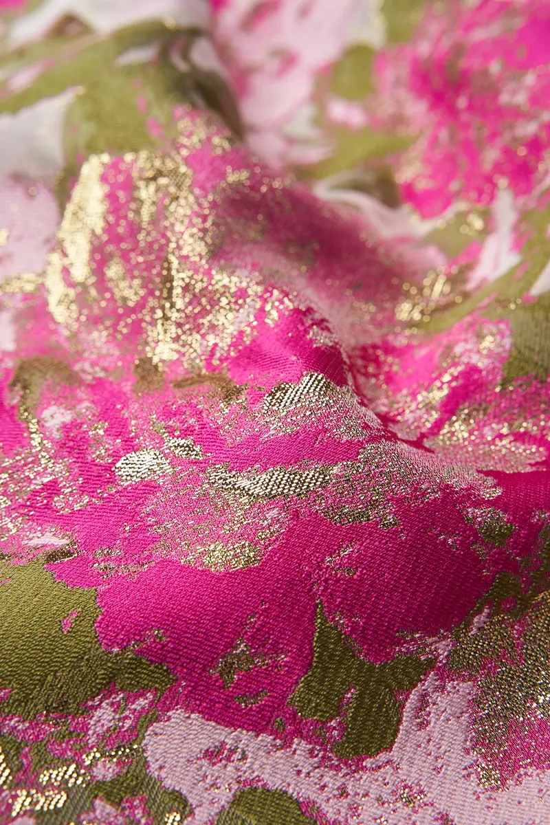 Rose-Jacquard Metallic Organza Midi Dress with Pleated Skirt