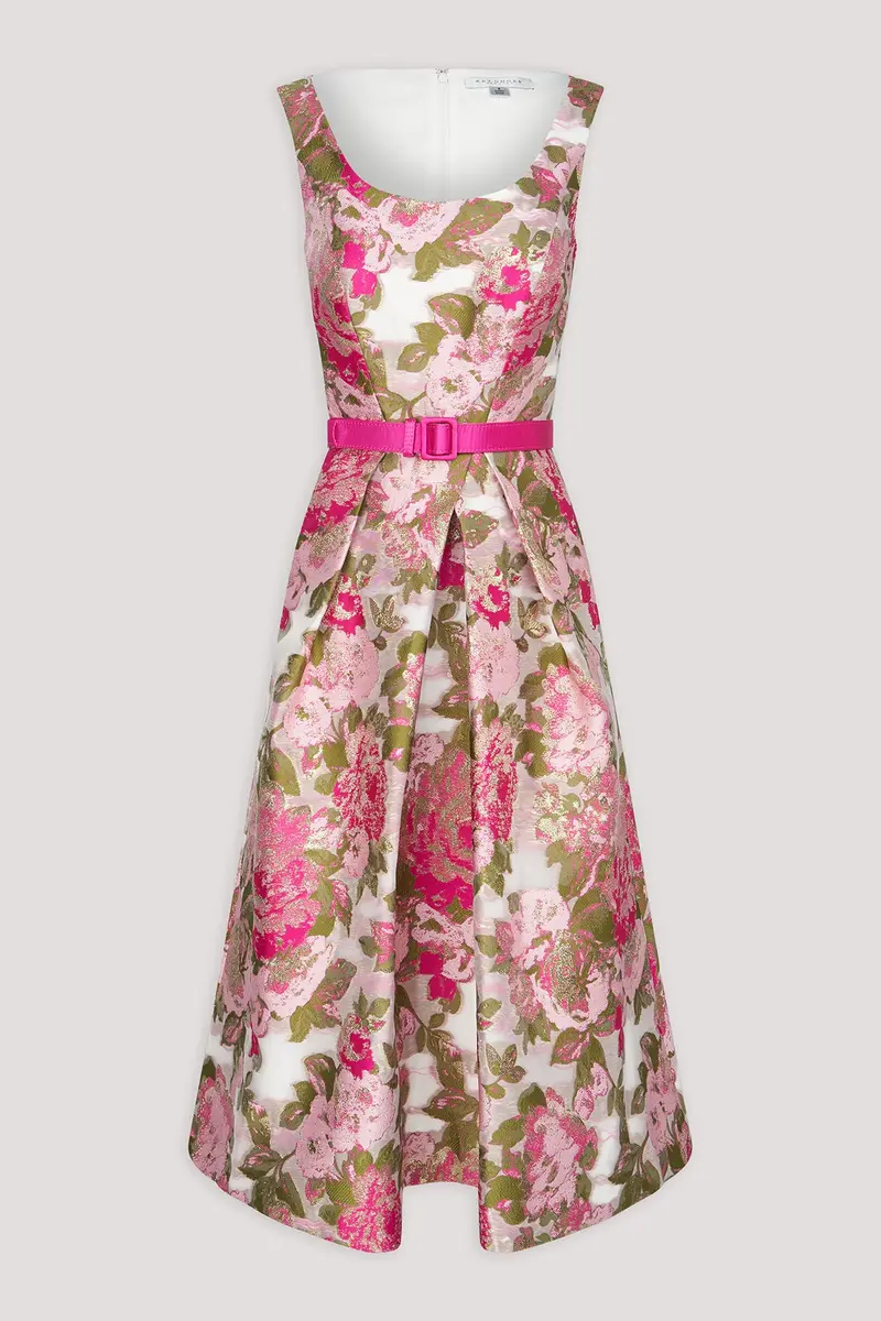 Rose-Jacquard Metallic Organza Midi Dress with Pleated Skirt