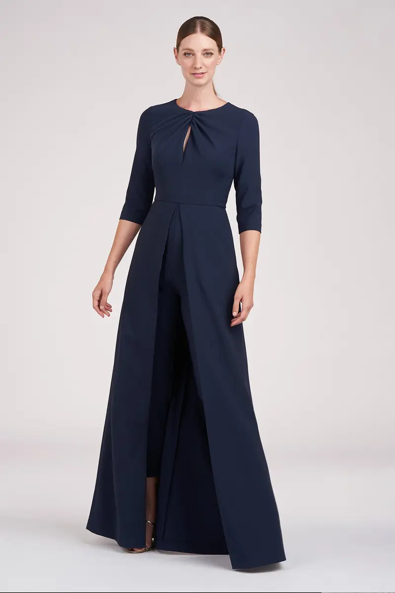 Sonia Jewel-Neck Walk-Thru Jumpsuit in Stretch Crepe