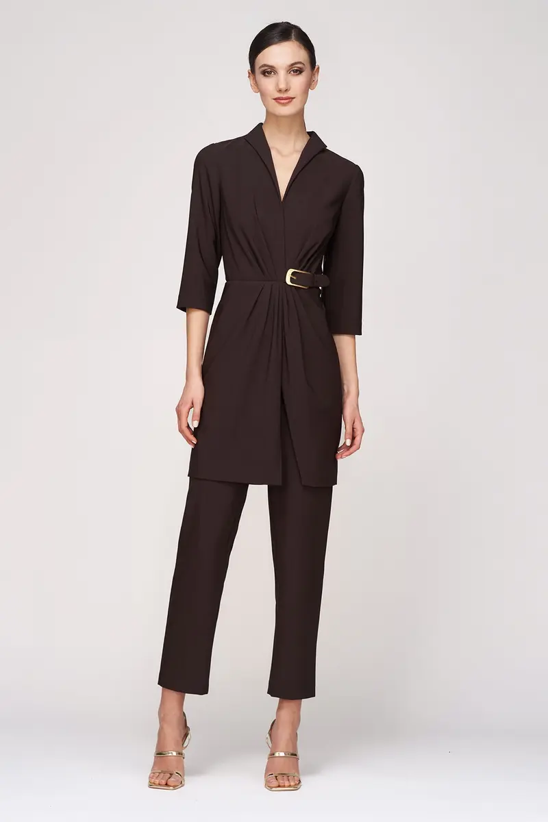 Stretch Crepe V-Neck Jumpsuit with Gold Buckle Accent