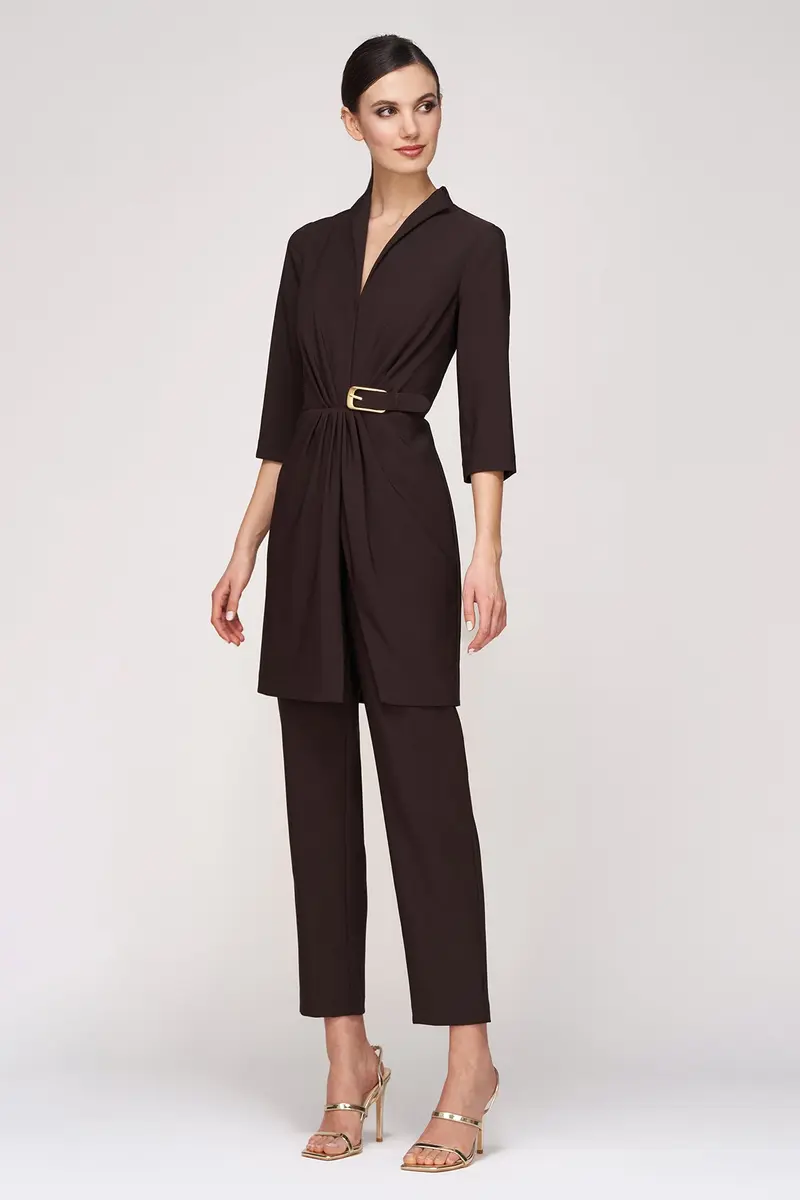 Stretch Crepe V-Neck Jumpsuit with Gold Buckle Accent