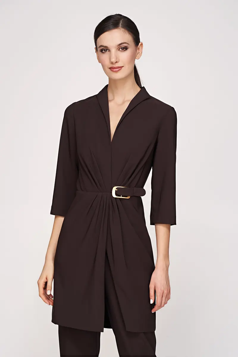 Stretch Crepe V-Neck Jumpsuit with Gold Buckle Accent
