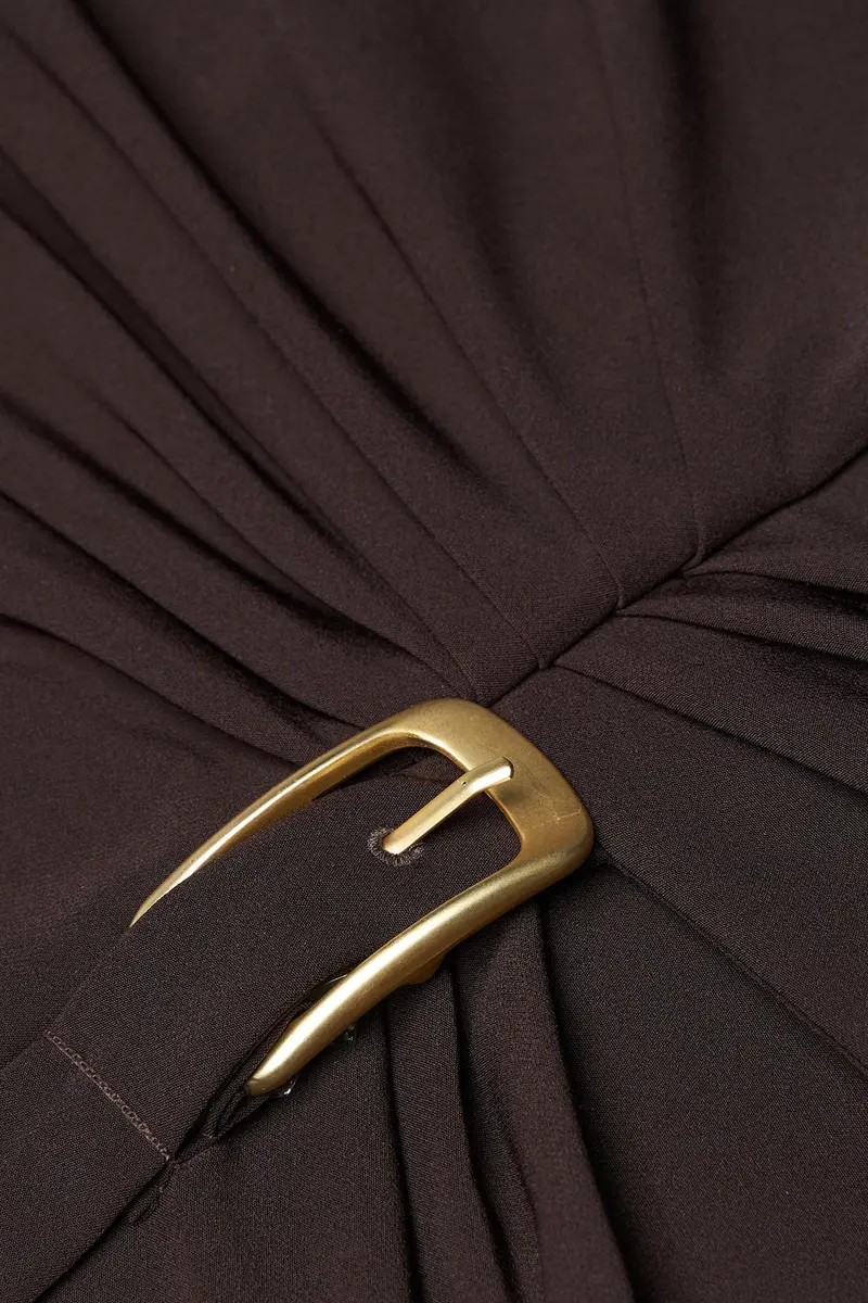 Stretch Crepe V-Neck Jumpsuit with Gold Buckle Accent