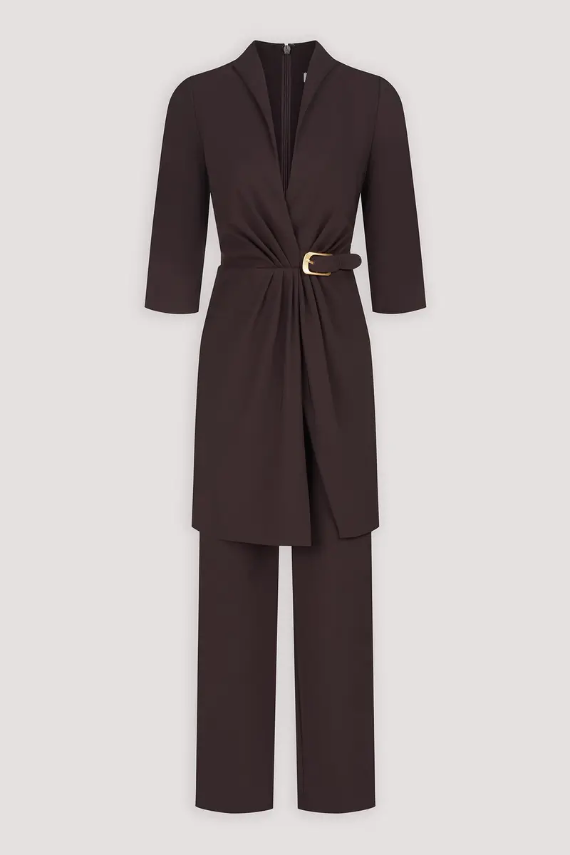 Stretch Crepe V-Neck Jumpsuit with Gold Buckle Accent
