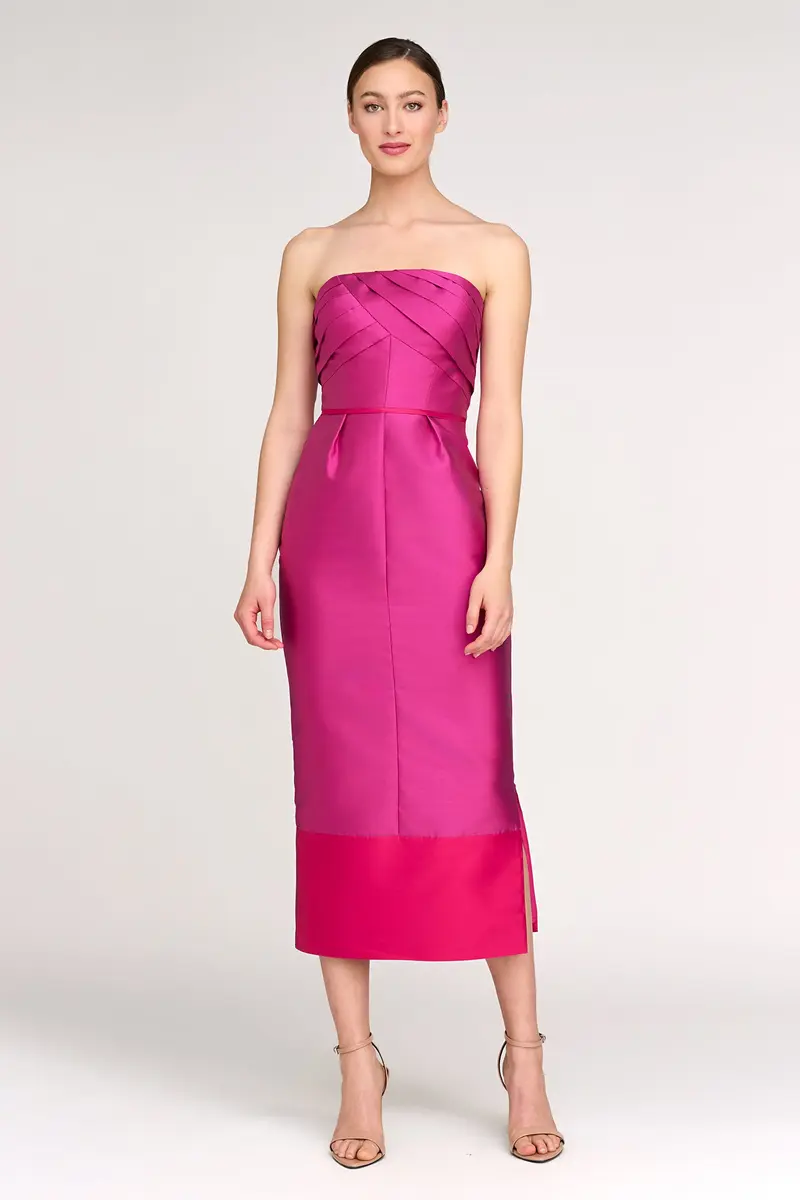 Structured Color-Blocked Taffeta Tea-Length Dress