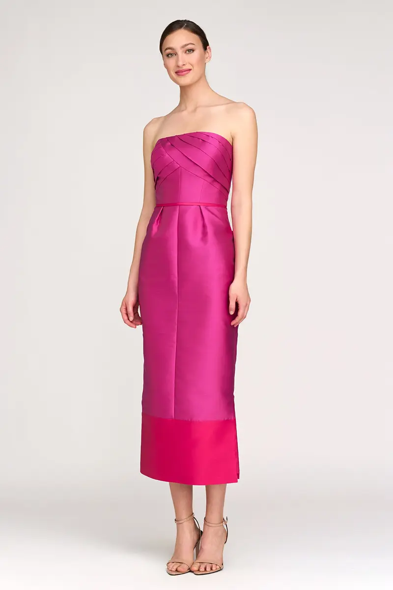 Structured Color-Blocked Taffeta Tea-Length Dress