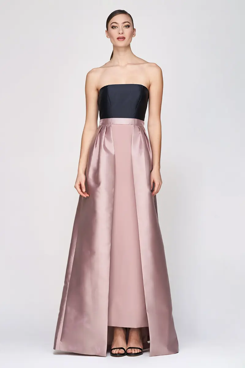 Taffeta Color-Block Strapless Gown with Pleated Overskirt