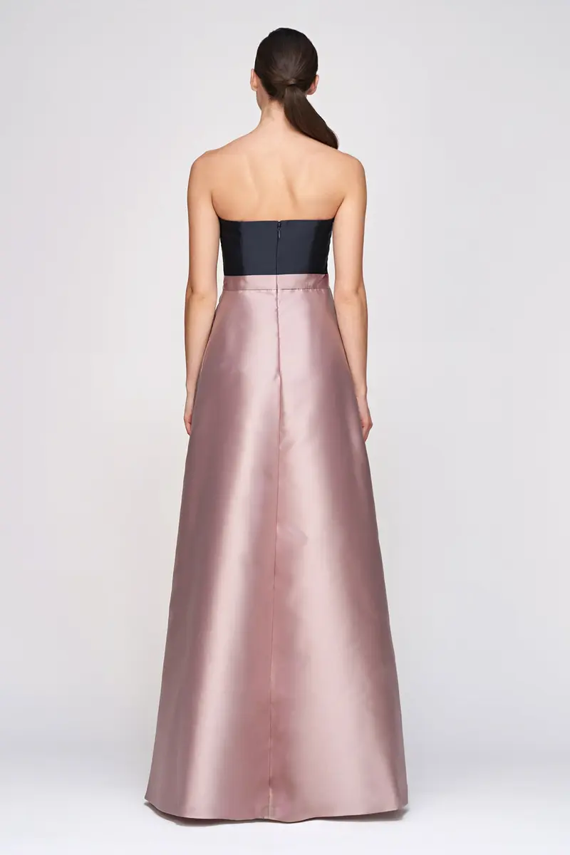 Taffeta Color-Block Strapless Gown with Pleated Overskirt