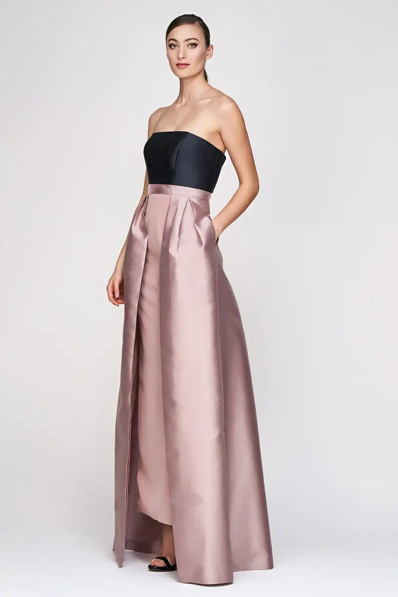 Taffeta Color-Block Strapless Gown with Pleated Overskirt